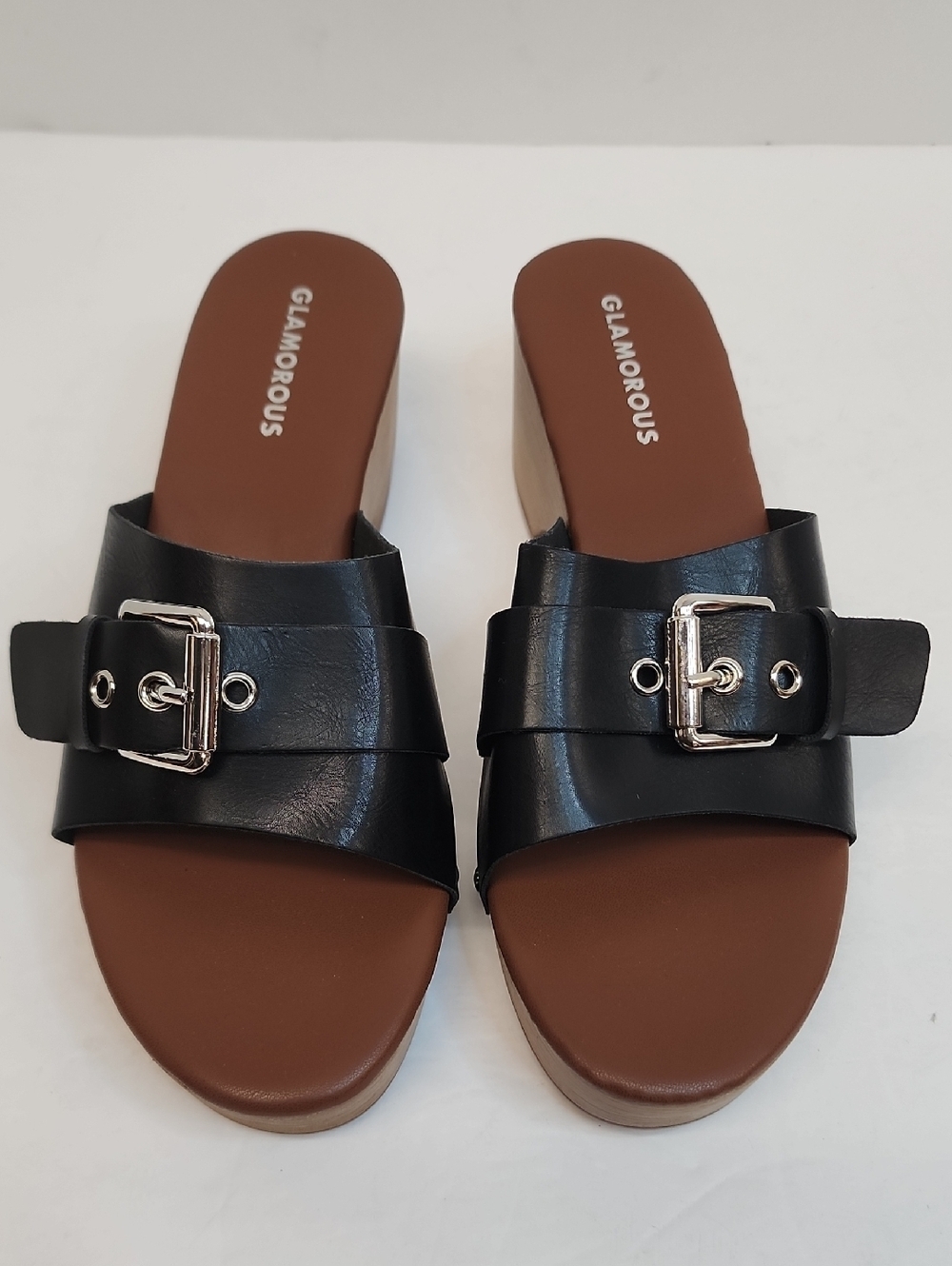 Glamorous Black Buckle Slide Sandals Flat Mule Open Toe Size 5